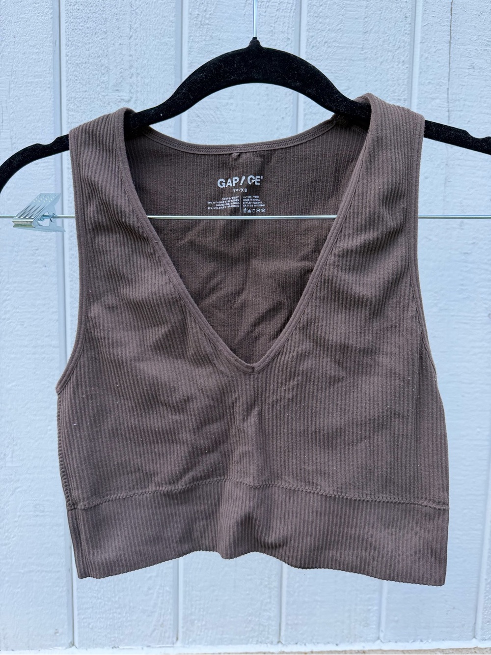 Garage Brown Ribbed V-Neck Crop Top / Sports Bra - Size XS not padded soft knit - Picture 4 of 7